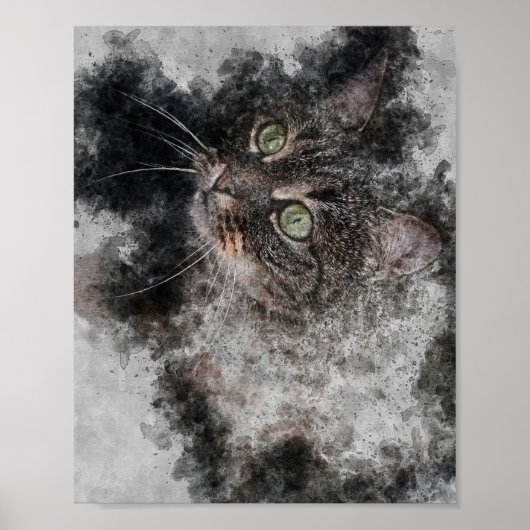schöne Katze große grüne Augen Aquarellmalerei Poster (Vorne)