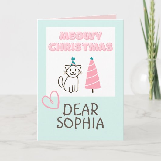 Schöne Katze in einem Hut und Tree Happy Christmas Karte (Vorderseite)