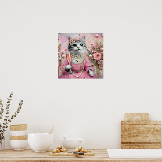 Schöne Katze in rosa Kleid mit Perlen Poster (Küche)