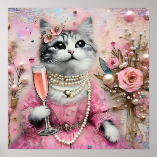 Schöne Katze in rosa Kleid mit Perlen Poster (Vorne)