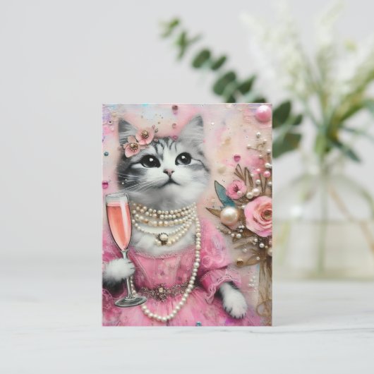 Schöne Katze in rosa Kleid mit Perlen Postkarte (Stehend Vorderseite)