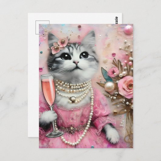 Schöne Katze in rosa Kleid mit Perlen Postkarte (Vorne/Hinten)