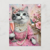Schöne Katze in rosa Kleid mit Perlen Postkarte (Vorderseite)
