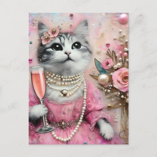 Schöne Katze in rosa Kleid mit Perlen Postkarte (Vorderseite)