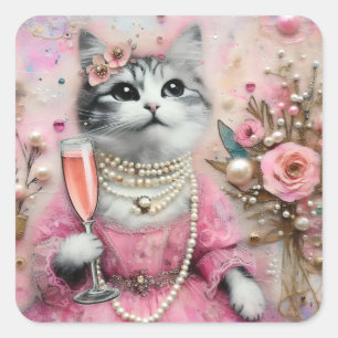 Schöne Katze in rosa Kleid mit Perlen Quadratischer Aufkleber