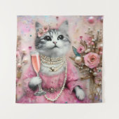 Schöne Katze in rosa Kleid mit Perlen Wandteppich (Vorderseite)