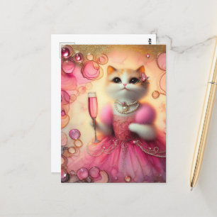 Schöne Katze in Rosa und Perlen mit Getränk in der Postkarte