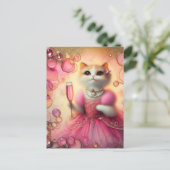 Schöne Katze in Rosa und Perlen mit Getränk in der Postkarte (Stehend Vorderseite)
