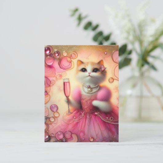 Schöne Katze in Rosa und Perlen mit Getränk in der Postkarte (Stehend Vorderseite)