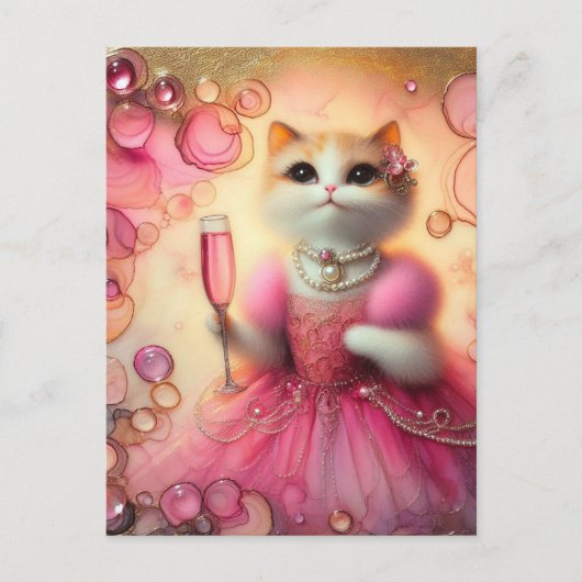 Schöne Katze in Rosa und Perlen mit Getränk in der Postkarte (Vorderseite)