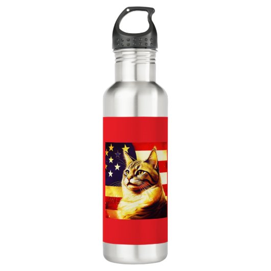 Schöne Katze mit amerikanischem Flaggenhintergrund Edelstahlflasche (Vorderseite)