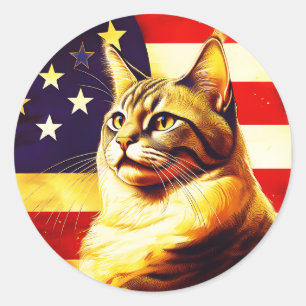 Schöne Katze mit amerikanischem Flaggenhintergrund Runder Aufkleber