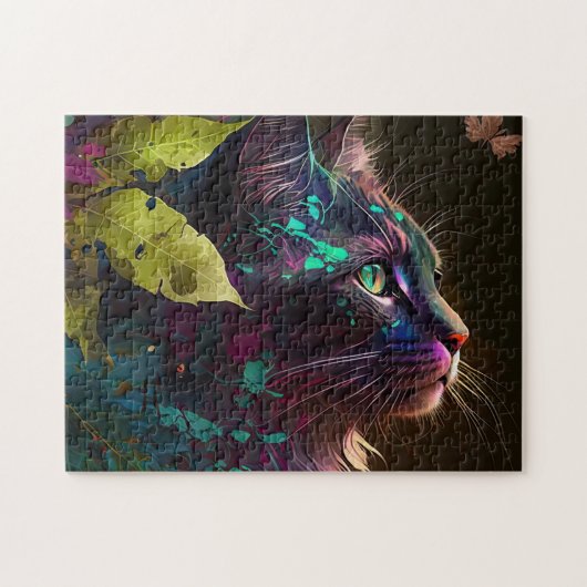 Schöne Katze mit Blattwerk - Kunst der künstlerisc Puzzle (Horizontal)