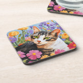 Schöne Katze mit Blume Getränkeuntersetzer (Linke Seite)