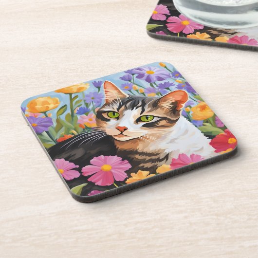 Schöne Katze mit Blume Getränkeuntersetzer (Linke Seite)