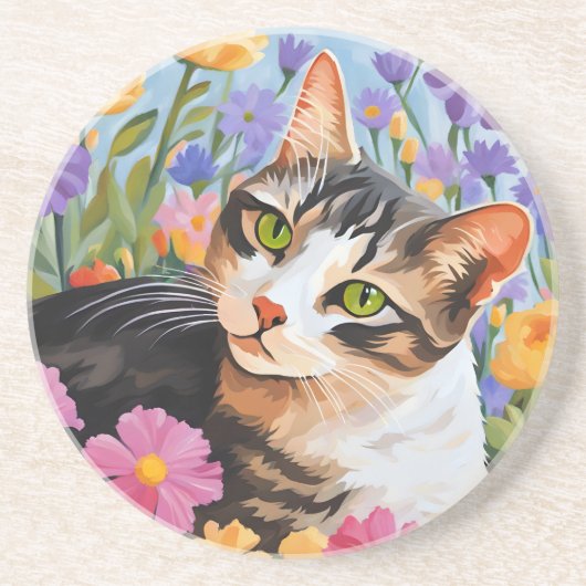 Schöne Katze mit Blume Getränkeuntersetzer (Vorne)