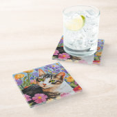 Schöne Katze mit Blume Glasuntersetzer (Schrägansicht)