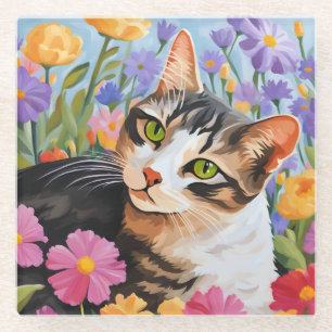 Schöne Katze mit Blume Glasuntersetzer