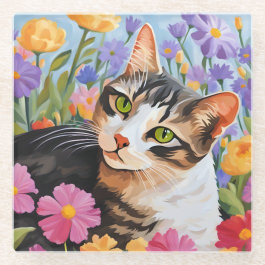 Schöne Katze mit Blume Glasuntersetzer (Vorderseite)