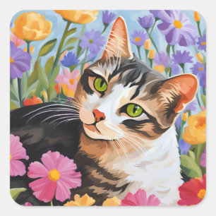 Schöne Katze mit Blume Quadratischer Aufkleber