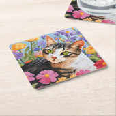 Schöne Katze mit Blume Rechteckiger Pappuntersetzer (angewinkelt)