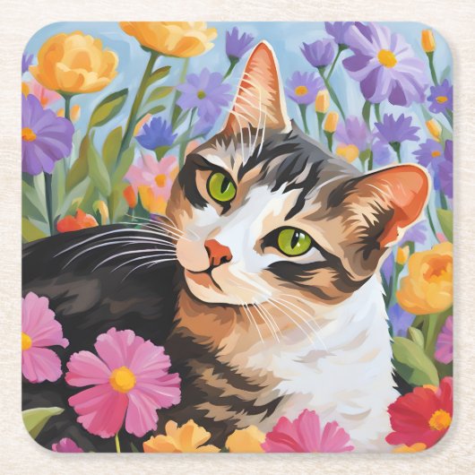 Schöne Katze mit Blume Rechteckiger Pappuntersetzer (Vorderseite)