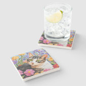 Schöne Katze mit Blume Steinuntersetzer (Seitenansicht)