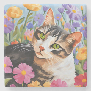 Schöne Katze mit Blume Steinuntersetzer
