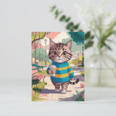Schöne Katze Wandern im Park mit Kaffee Postkarte (Stehend Vorderseite)