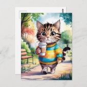 Schöne Katze Wandern im Park mit Kaffee Postkarte (Vorne/Hinten)