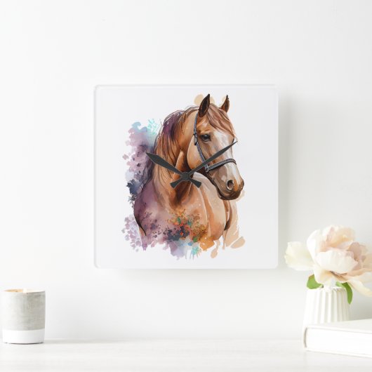 SCHÖNE KESTNUTZWASSERFARBENHORSE QUADRATISCHE WANDUHR (Zuhause)