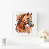 SCHÖNE KESTNUTZWASSERFARBENHORSE QUADRATISCHE WANDUHR (Zuhause)