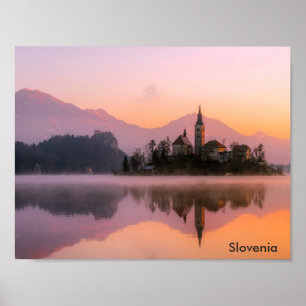 Schöne Kirche auf Insel Bled-See Slowenien Poster