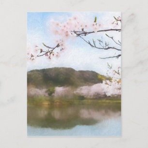 Schöne Kirschblüte und Teich Postkarte