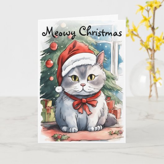 Schöne kitschige Wasserfarben Meowy Cristmas Karte (Gelbe Blume)
