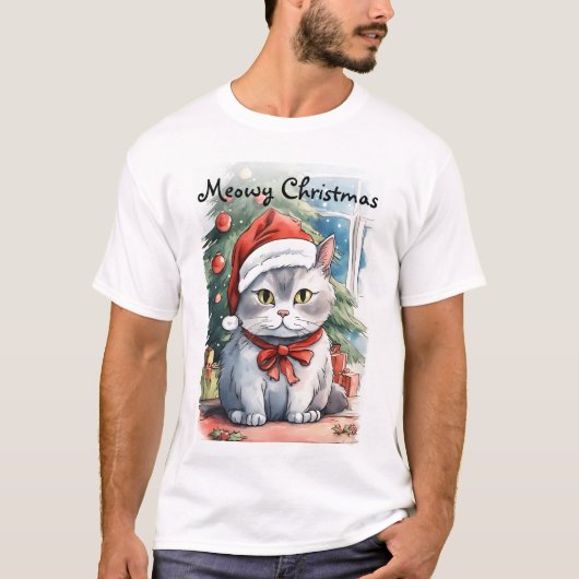 Schöne kitschige Wasserfarben Meowy Cristmas T-Shirt (Vorderseite)