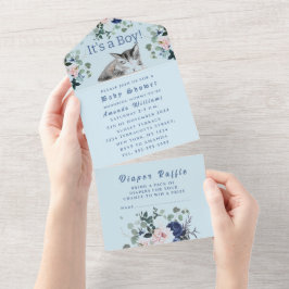 Schöne Kitten Blume Blau Es ist eine Baby-Dusche All In One Einladung