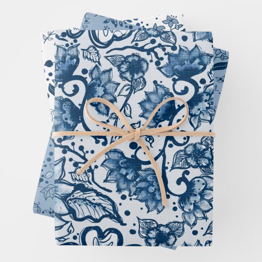 Schöne klassische Blau- und Weiß-Blumenmuster Geschenkpapier Set (Beispiel)