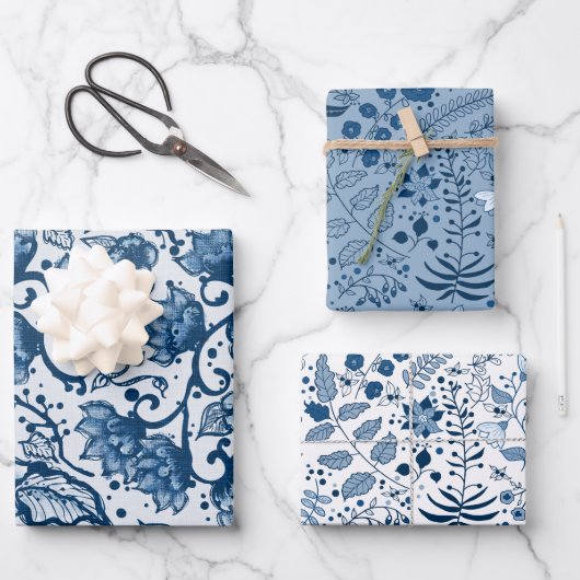 Schöne klassische Blau- und Weiß-Blumenmuster Geschenkpapier Set (Vorderseite)