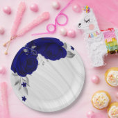 Schöne königsblaue Blumen silbergrauer Marmor Pappteller (Party)