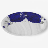 Schöne königsblaue Blumen silbergrauer Marmor Pappteller (Schrägansicht)