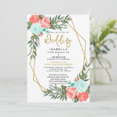 Schöne Koralle und Aquamarine Blumen Einladung (Stehend Vorderseite)