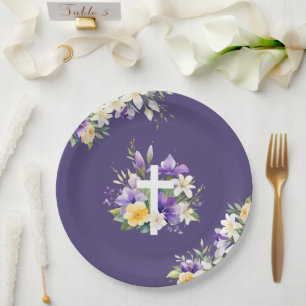 Schöne Kreuz-Lila-Blumen-Religiös-Ostern Pappteller
