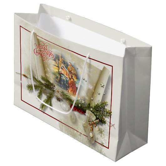 Schöne Krippe individuelle Feiertage Große Geschenktüte (Vorderseite Schrägansicht)