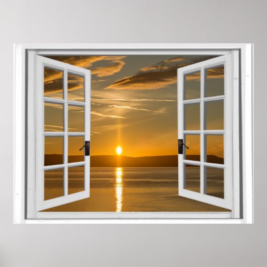 Schöne künstliche Fensteransicht mit Sonnenaufgang Poster (Vorne)