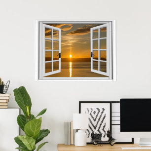 Schöne künstliche Fensteransicht mit Sonnenaufgang Poster