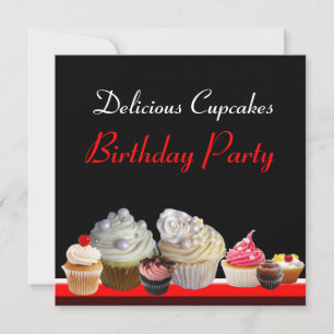 SCHÖNE KUPCAKES GEBURTSTAGSPARTEI, rosa schwarz Einladung
