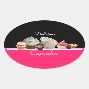 SCHÖNE KUPCAKES GEBURTSTAGSPARTEI, rosa schwarz Ovaler Aufkleber