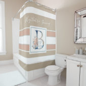 Schöne Küstenkoralle und blaues Monogramm gestreif Duschvorhang (Beispiel)