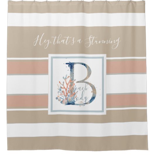 Schöne Küstenkoralle und blaues Monogramm gestreif Duschvorhang (Vorderseite)